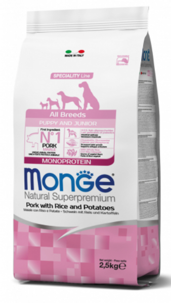 MONGE CANE ALL BREEDS PUPPY & JUNIOR MONOPROTEICO MAIALE CON RISO E PATATE 2,5 KG