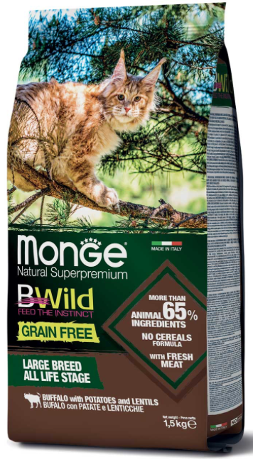 MONGE GATTO BWILD GRAIN FREE FORMULA LARGE BREED ALL LIFE STAGE BUFALO CON PATATE E LENTICCHIE 1,5 KG
